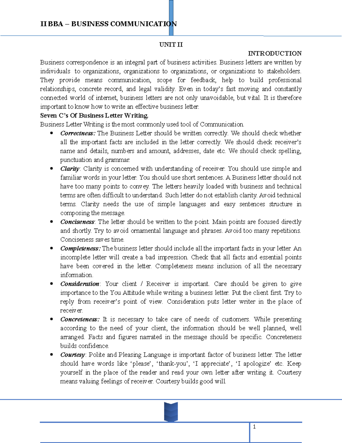 BC UNIT II UNIT II INTRODUCTION Business correspondence is an