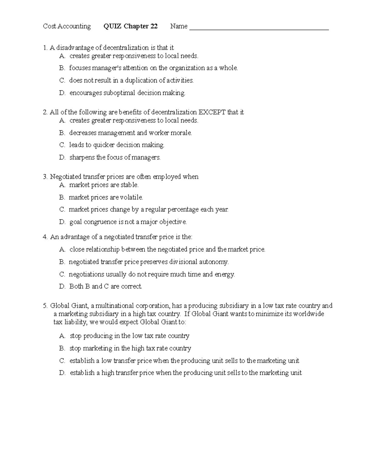 Qch22 - answer for quiz - Cost Accounting QUIZ Chapter 22 Name - Studocu