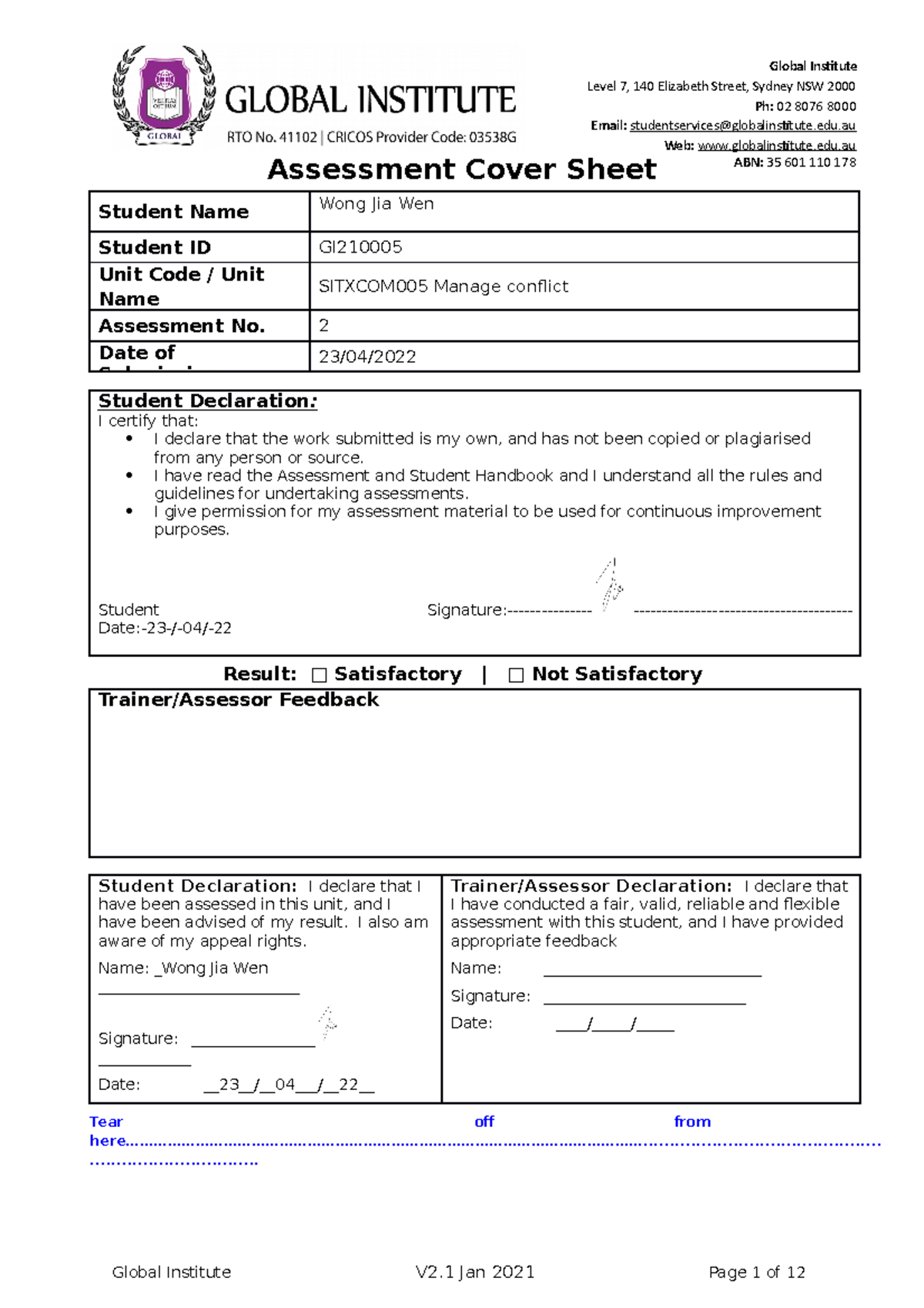 (Jiawen) Sitxcom 005 Assessment Task 2 Global V1.0 - Assessment Cover ...