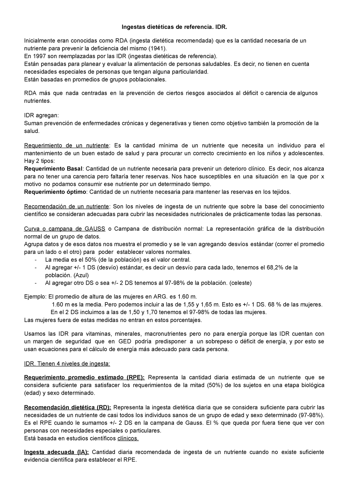 IDR - APUNTES - Ingestas Dietéticas De Referencia. IDR. Inicialmente ...