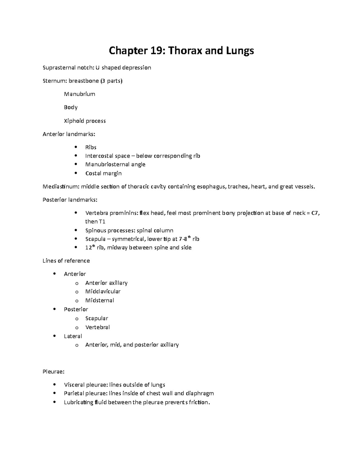 Chapter 19 - Lecture Notes - Chapter 19: Thorax And Lungs Suprasternal ...