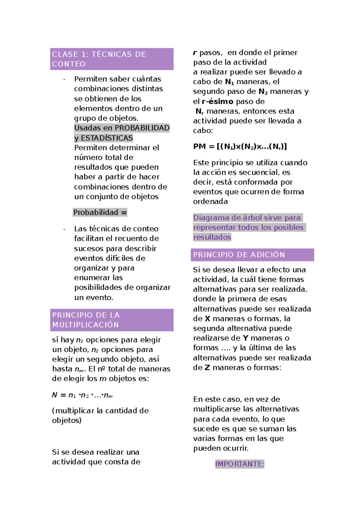 Metodos - formulas - CLASE 1: TÉCNICAS DE CONTEO Permiten saber cuántas ...