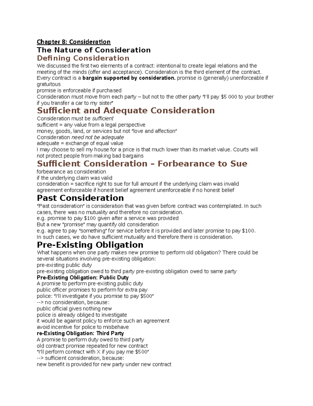 Final Exam Review - Chapter 8: Consideration The Nature of ...