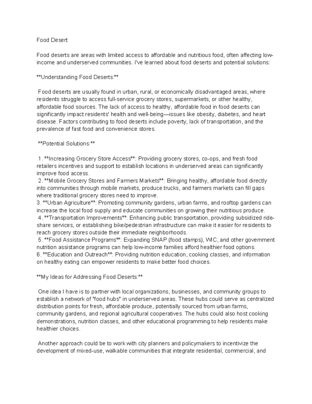 Food Desert essay - nothing - Food Desert Food deserts are areas with ...
