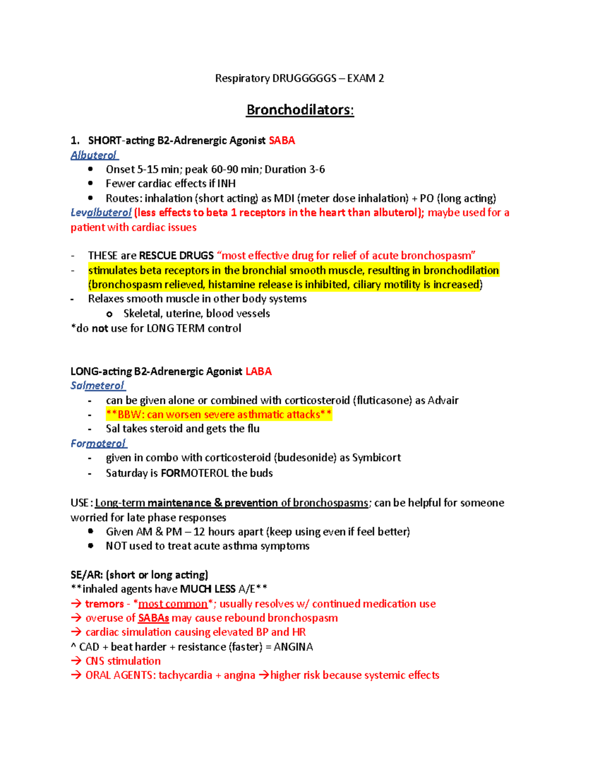 Respiratory Drugs Notes Page - Respiratory DRUGGGGGS – EXAM 2 ...