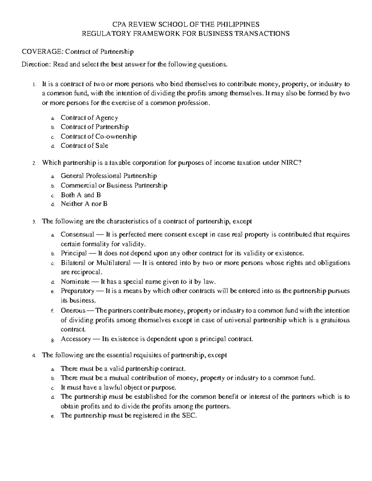 8908 Law On Partnerships CPA REVIEW SCHOOL OF THE PHILIPPINES 