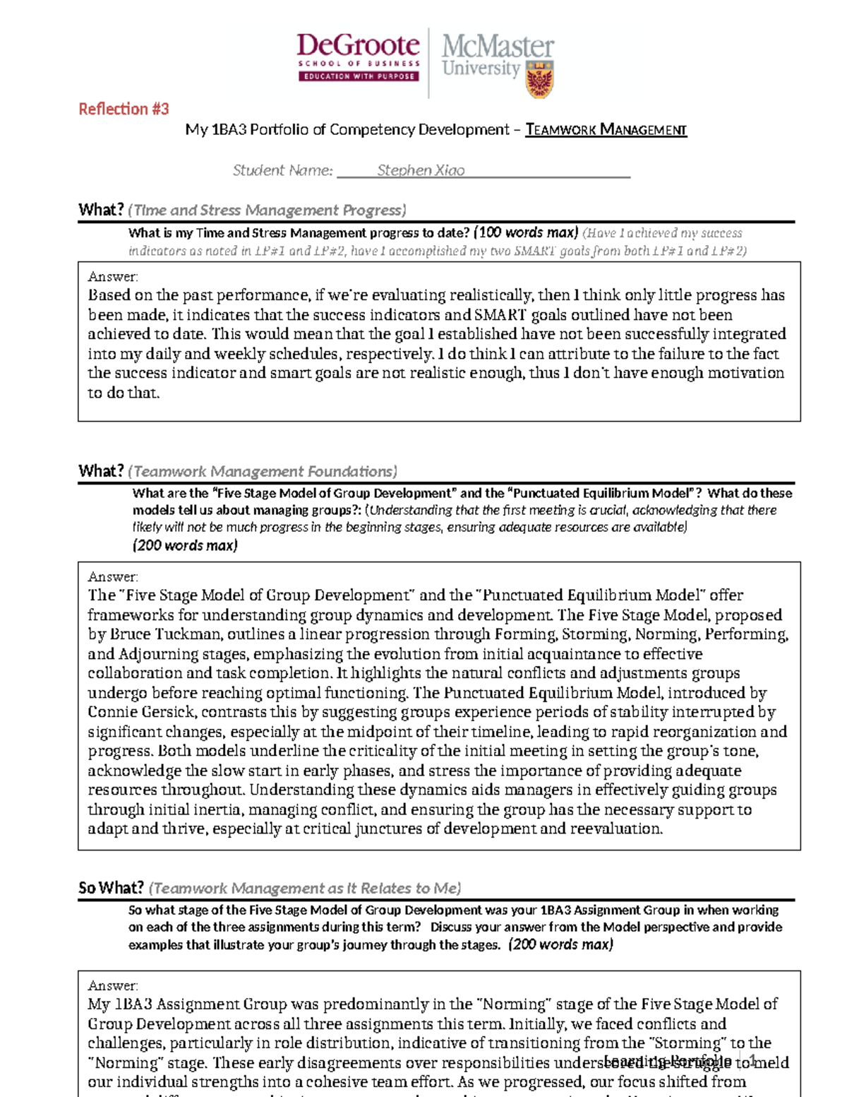 LP Reflection #3 - 1BA3 - Teamwork Management Template - Reflection My ...