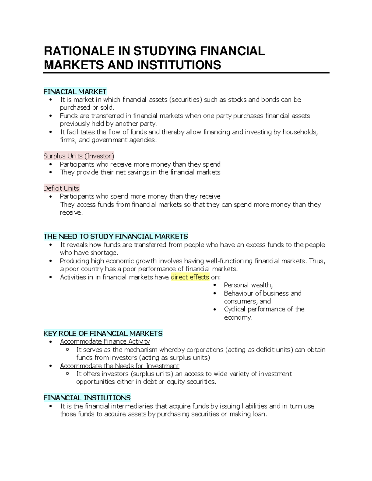 Chapter 1 financial markets introduction - RATIONALE IN STUDYING ...