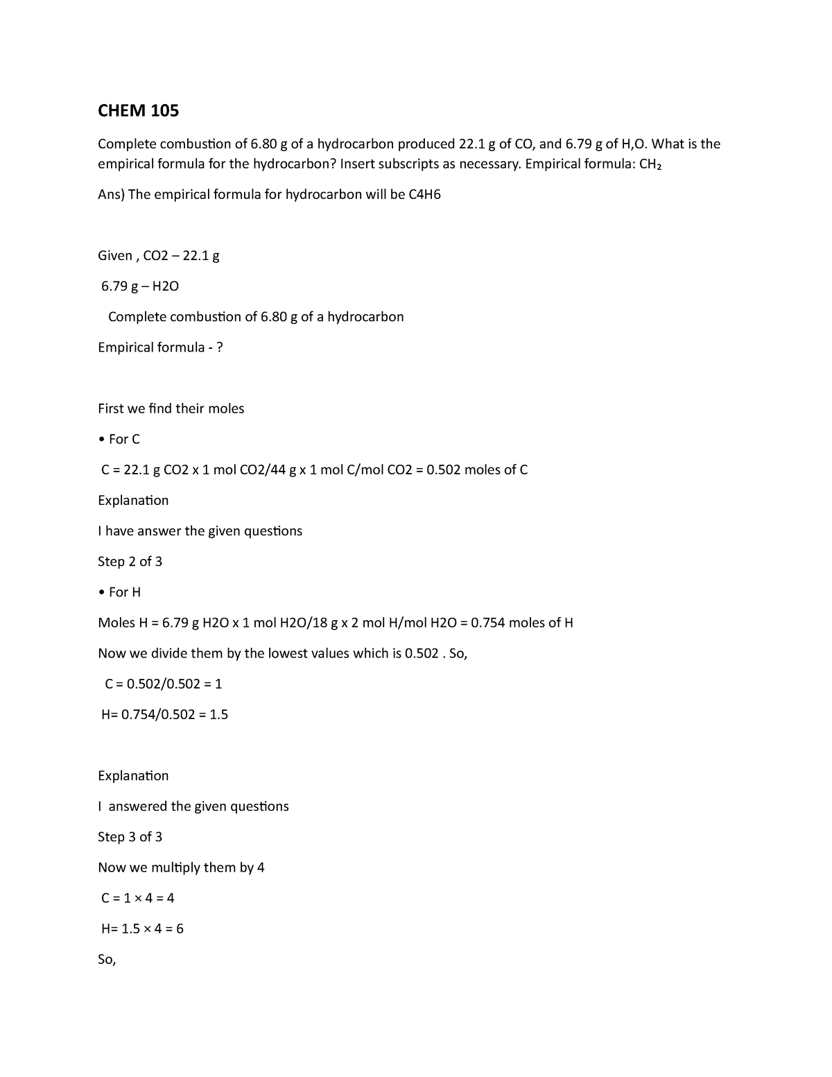 CHEM 105 B - Quiz Questions - CHEM 105 Complete Combustion Of 6 G Of A ...