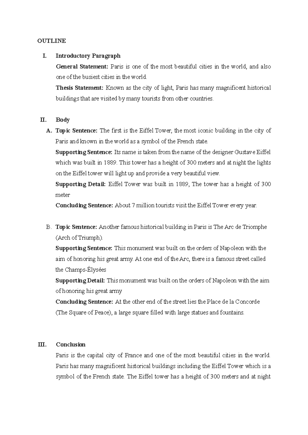 Paris - essai - OUTLINE I. Introductory Paragraph General Statement ...