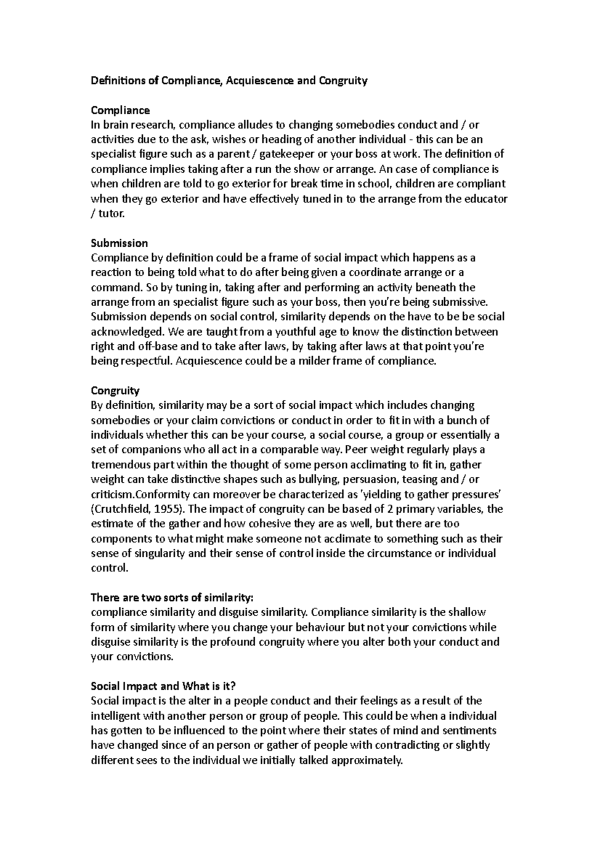 Definitions of Compliance, Acquiescence and Congruity Definitions of