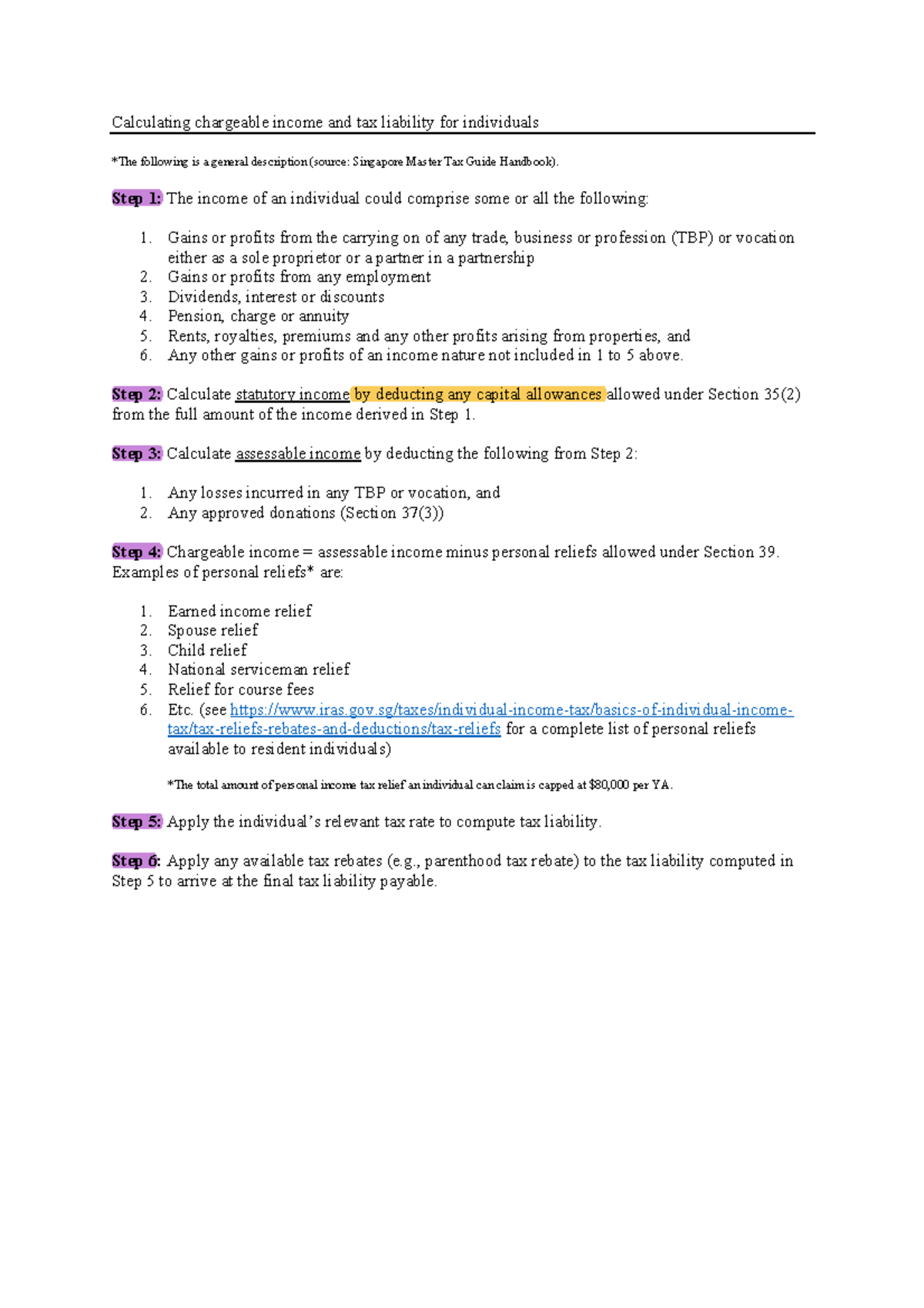 Calculating chargeable income and tax liability - individuals - Step 1 ...