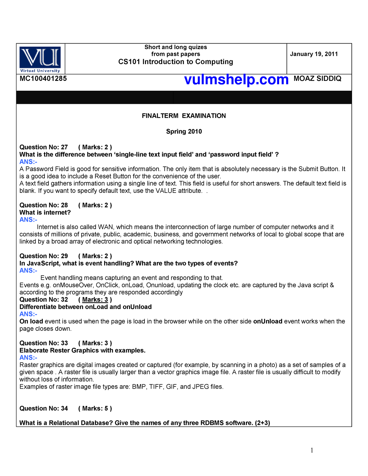 CS101 Finalterm Solved Short Questions 1 - - Studocu