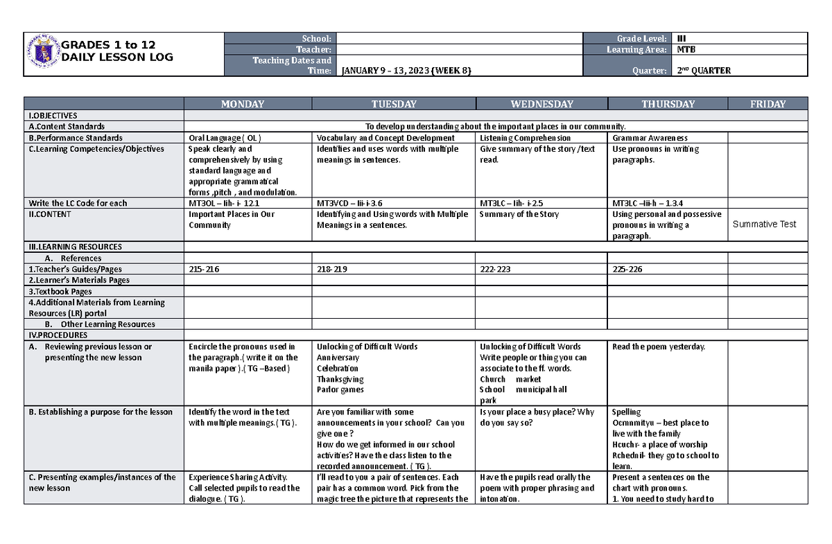 DLL MTB 3 Q2 W8 - for teachers - GRADES 1 to 12 DAILY LESSON LOG School ...