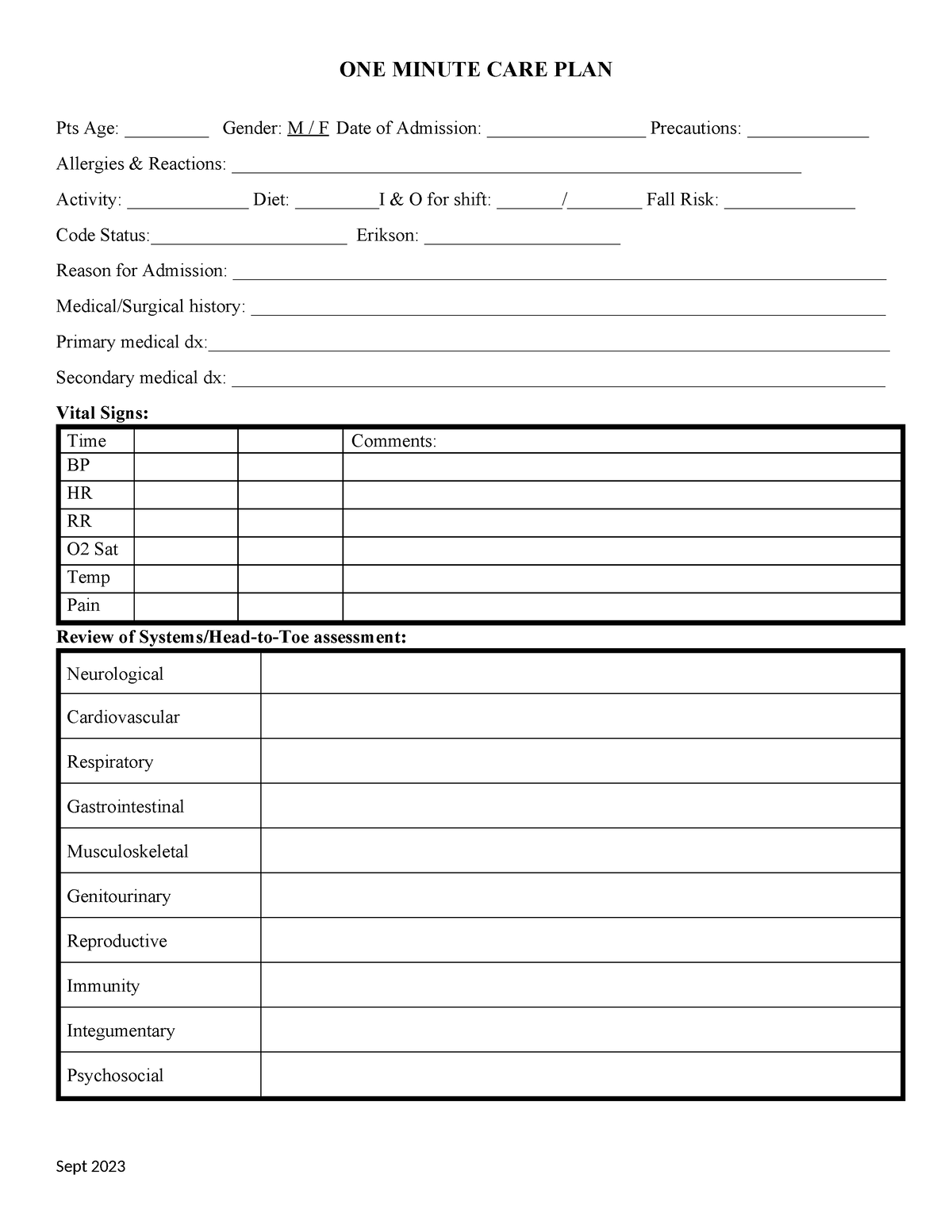 One Minute Care plan July 2023 - Pts Age: _________ Gender: M / F Date ...