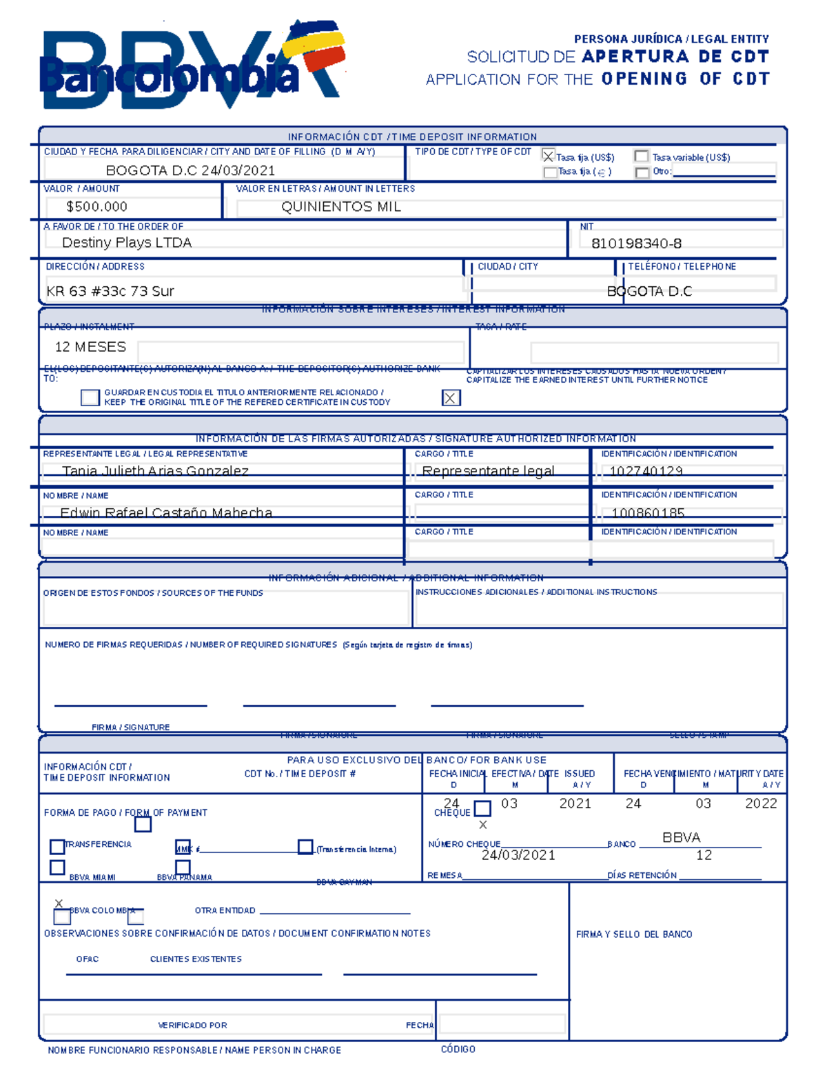 CDT Hecho - CDT DE BANCO - INFORMACIÓN CDT / TIME DEPOSIT INFORMATION ...