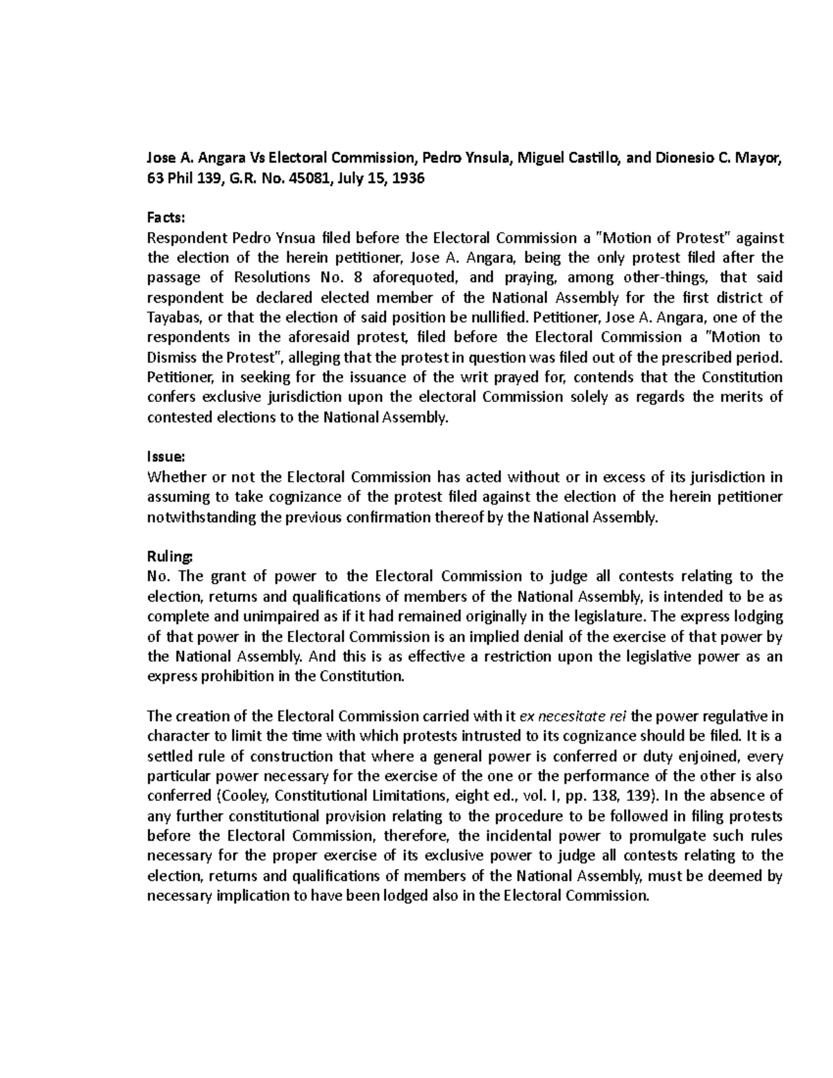 Angara Vs Electoral Commission, 63 Phil 139, G.R. No. 45081, July 15 ...