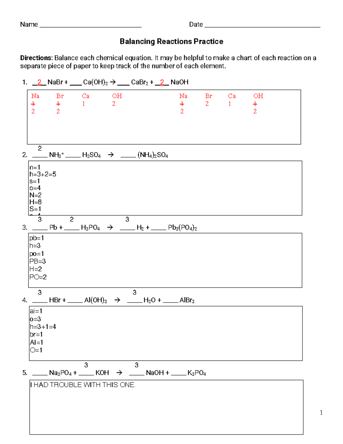 Balancing Chemical Equations Practice - Name Date Balancing Reactions ...