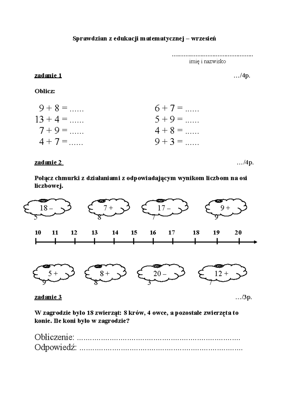 Dodawanie i odejmowanie 52711 - Sprawdzian z edukacji matematycznej