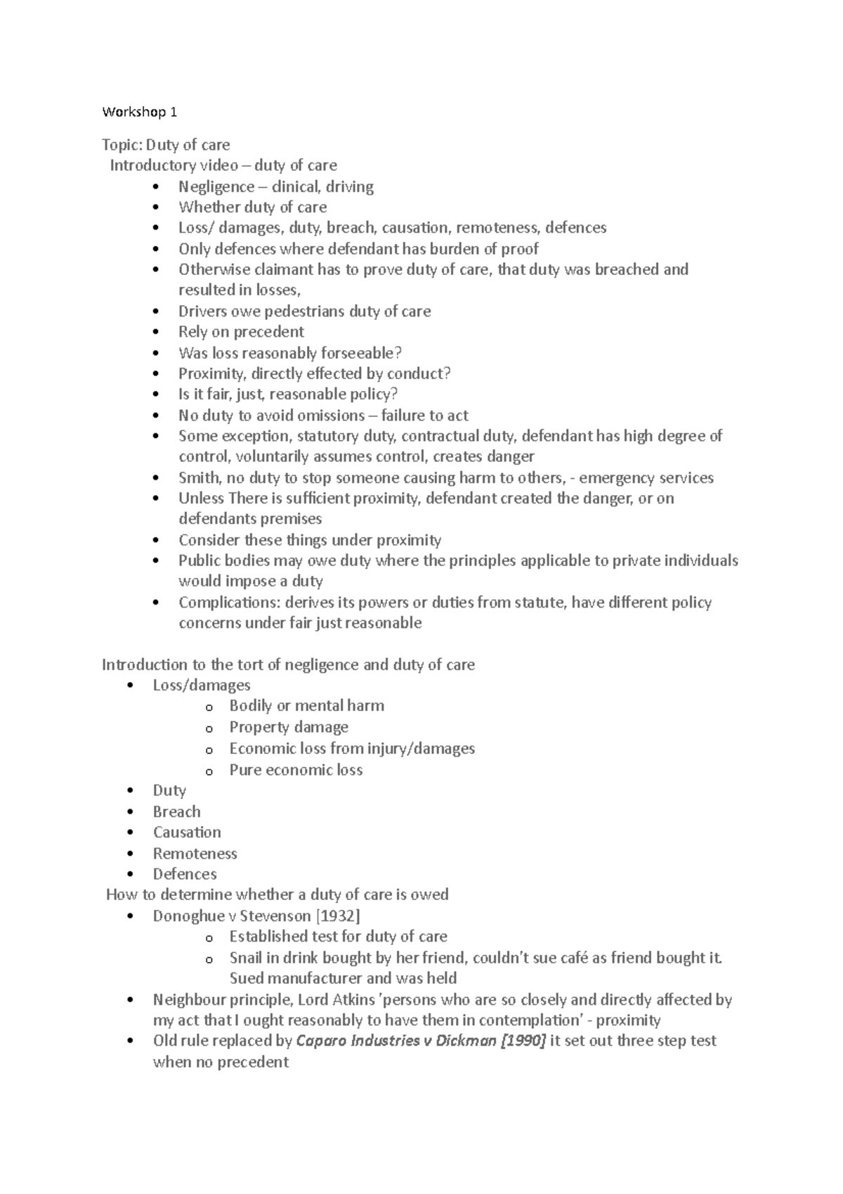 Tort exam all notes - Workshop 1 Topic: Duty of care Introductory video ...