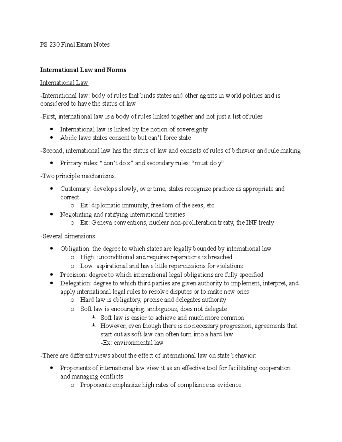 PS 230 Exam 3 Study Guide - PS 230 Final Exam Notes International Law ...