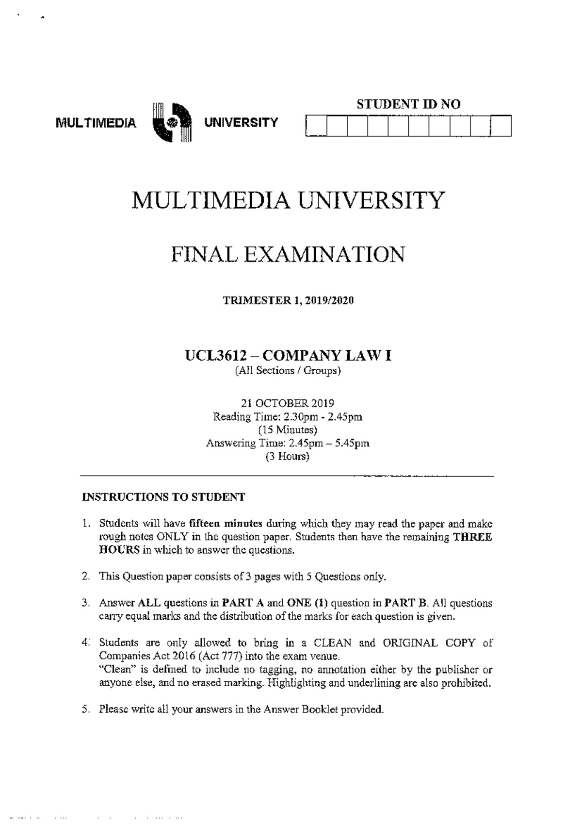 PASS YEAR QUESTIONS FOR PRACTICE - Company Law - MMU - Studocu