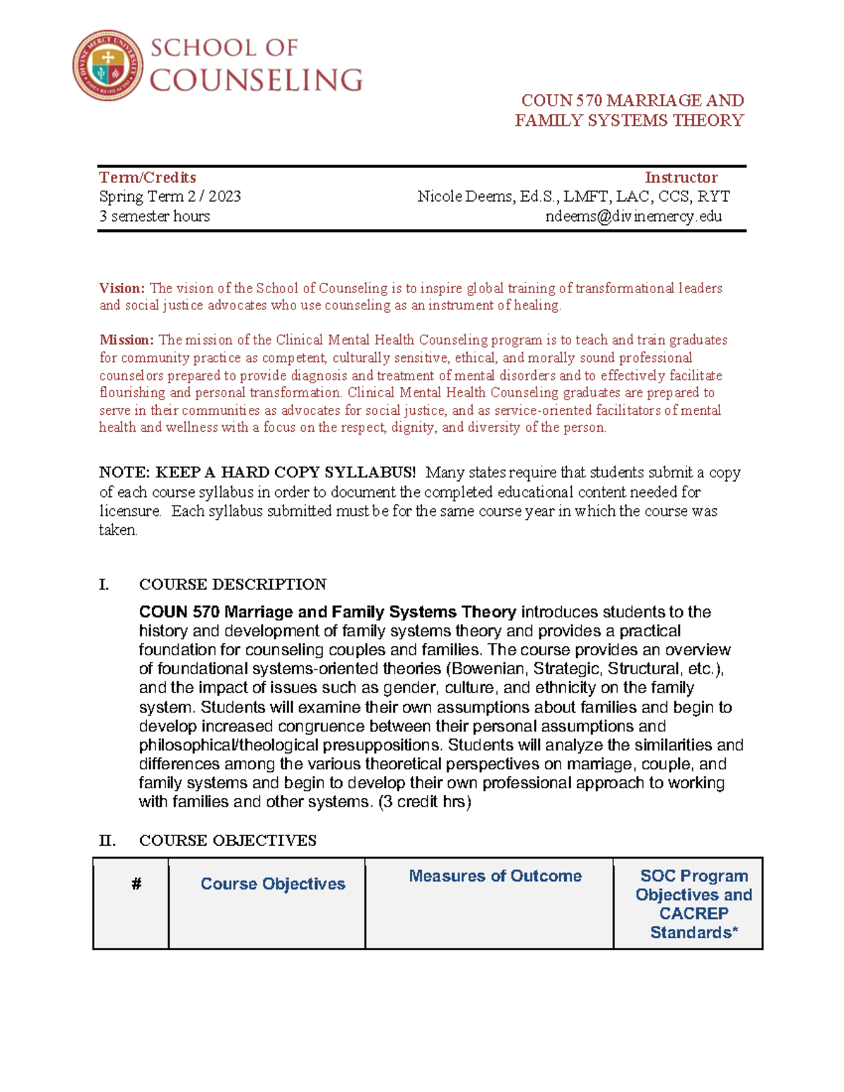 COUN 570 Syllabus - Spring 23-2 Deems - COUN 570 MARRIAGE AND FAMILY ...