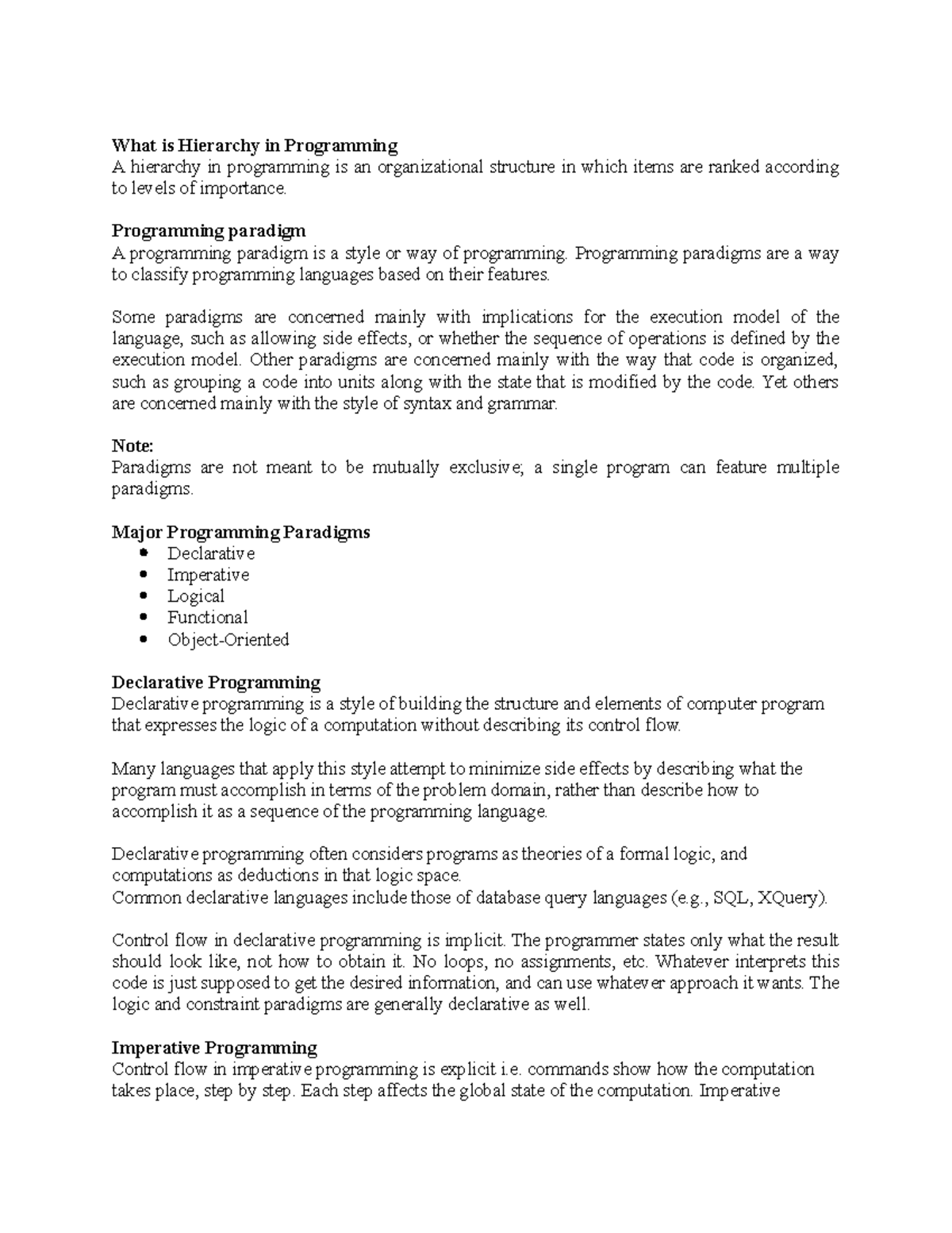 Hierarchy in Programming - Programming paradigm A programming paradigm ...