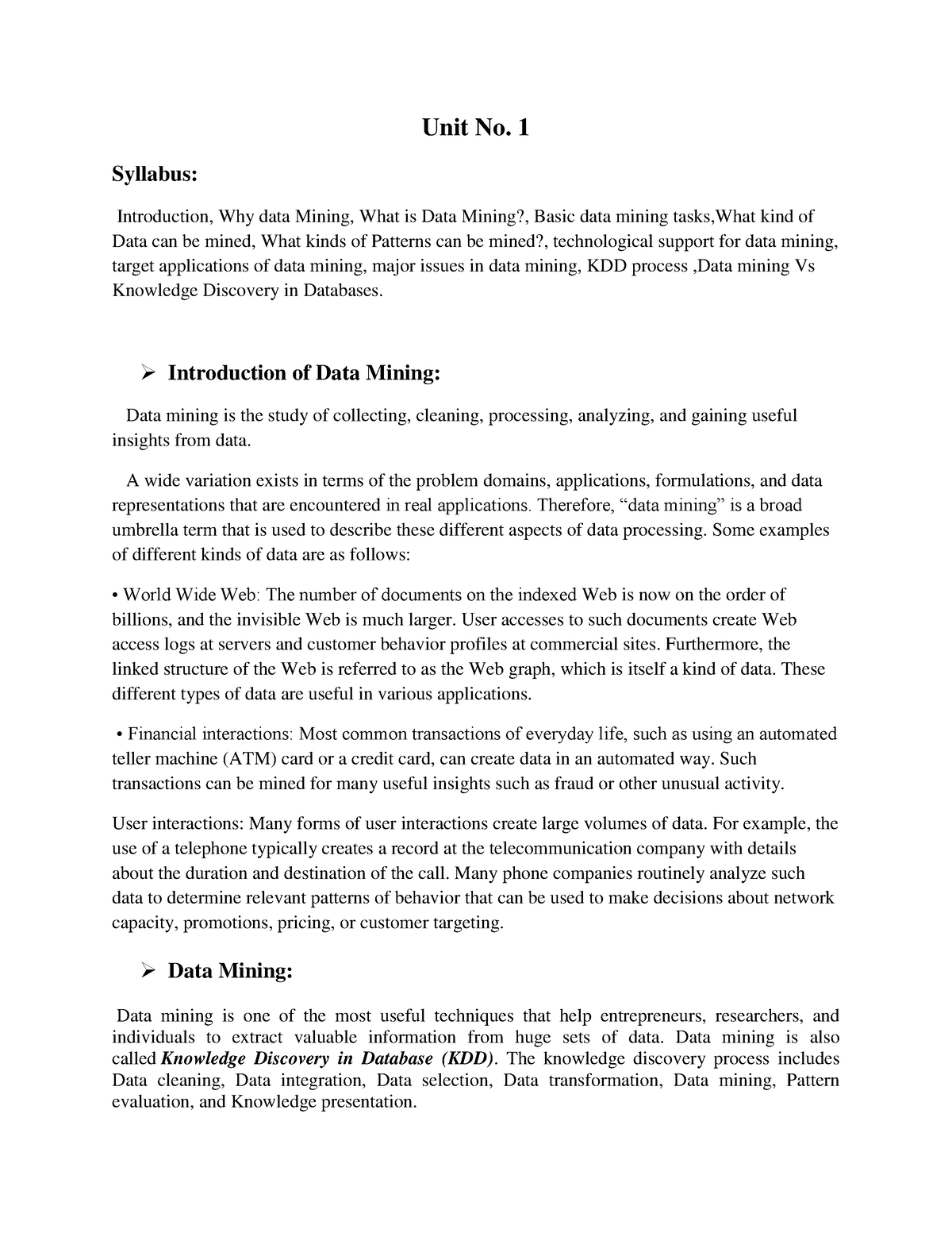 DM Unit 1 Notes - Unit No. 1 Syllabus: Introduction, Why data Mining ...