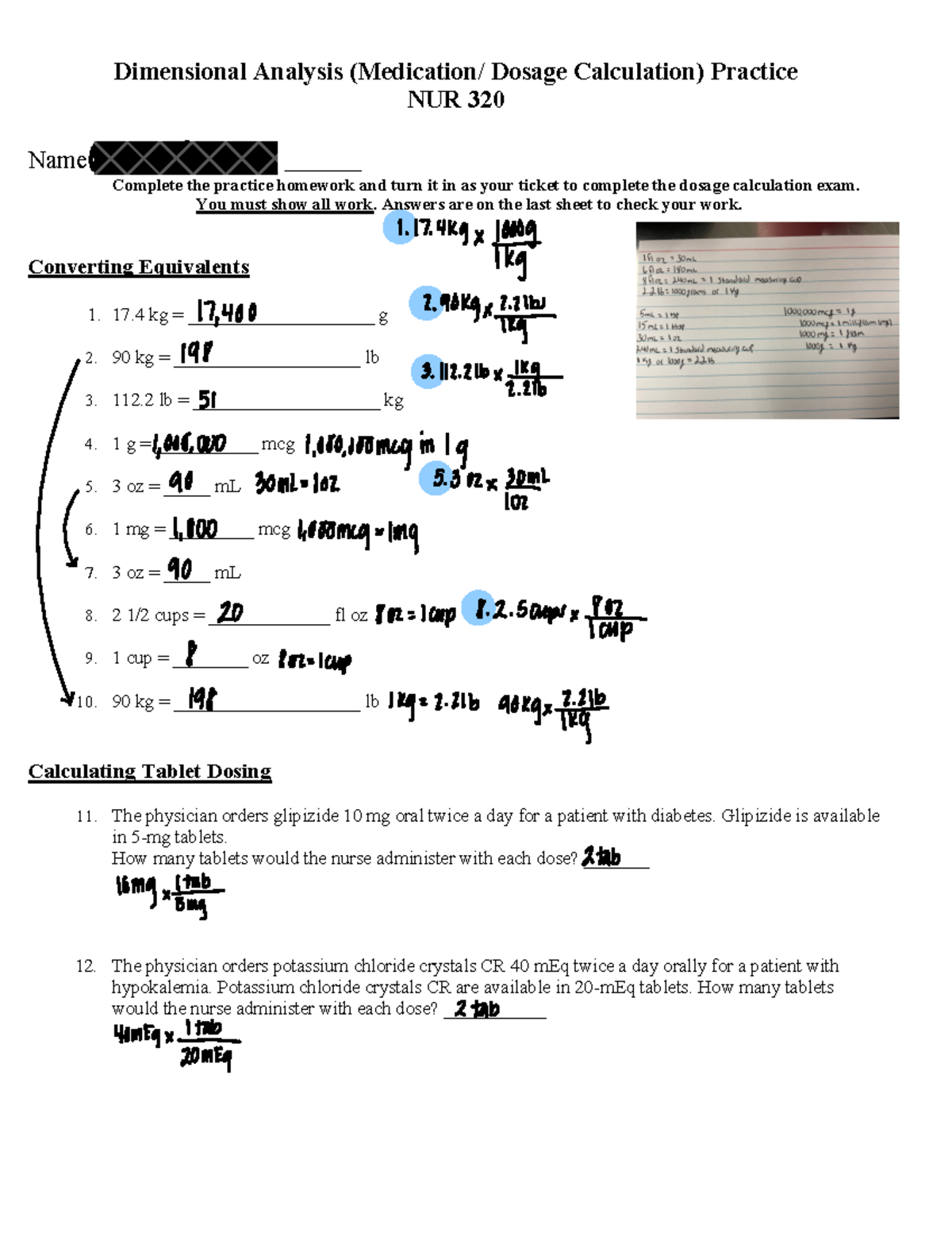 Math Exam Practice Questions Dimensional Analysis (Medication/ Dosage