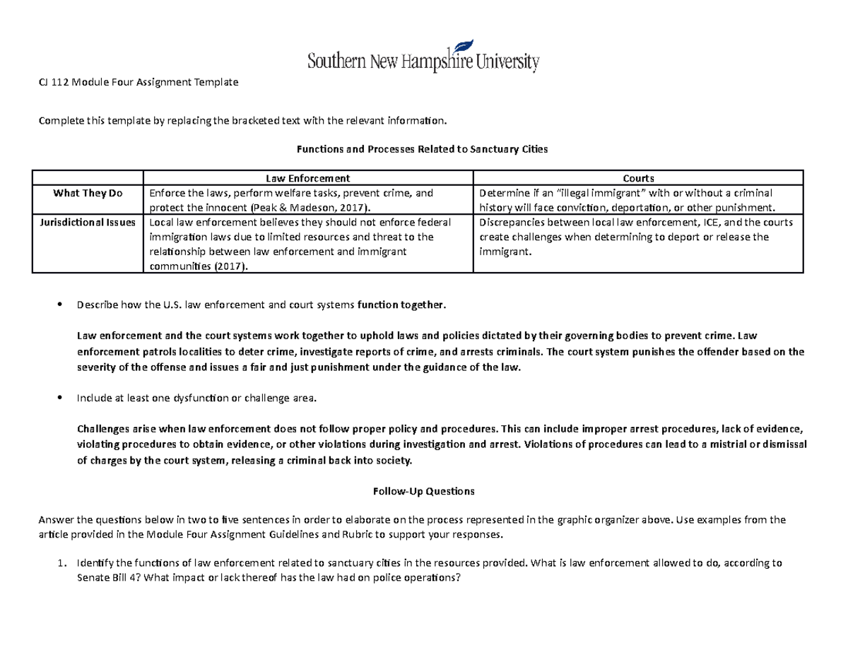 CJ 112 Module Four - Functions and Processes Related to Sanctuary ...