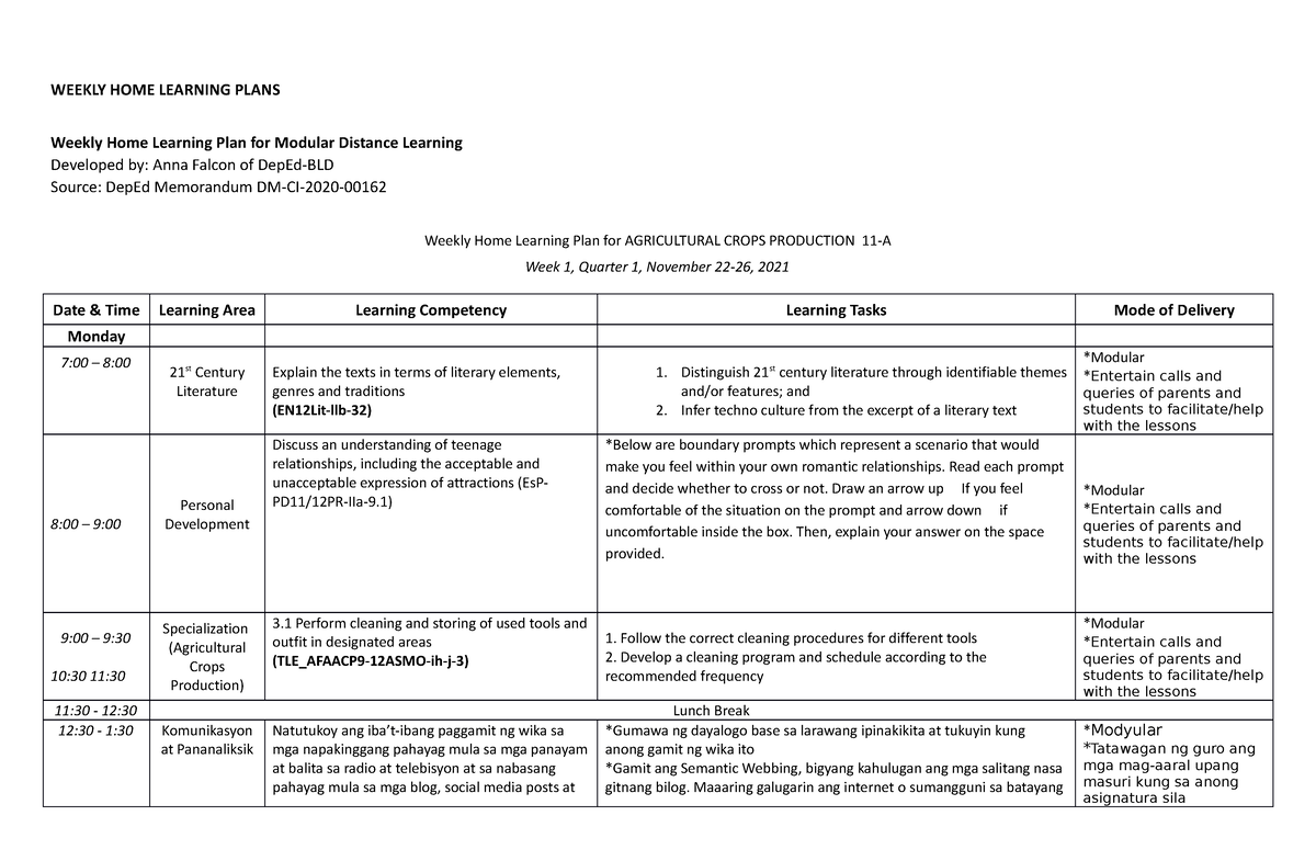 Weekly Home Learning Plan Weekly Home Learning Plans Weekly Home