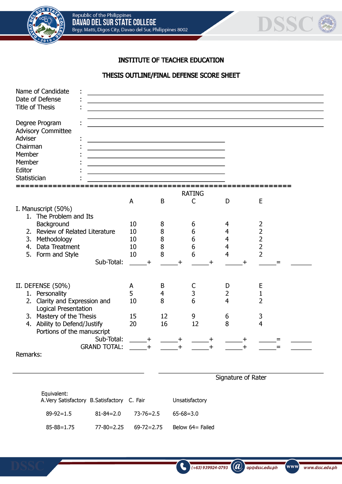 thesis defense score sheet