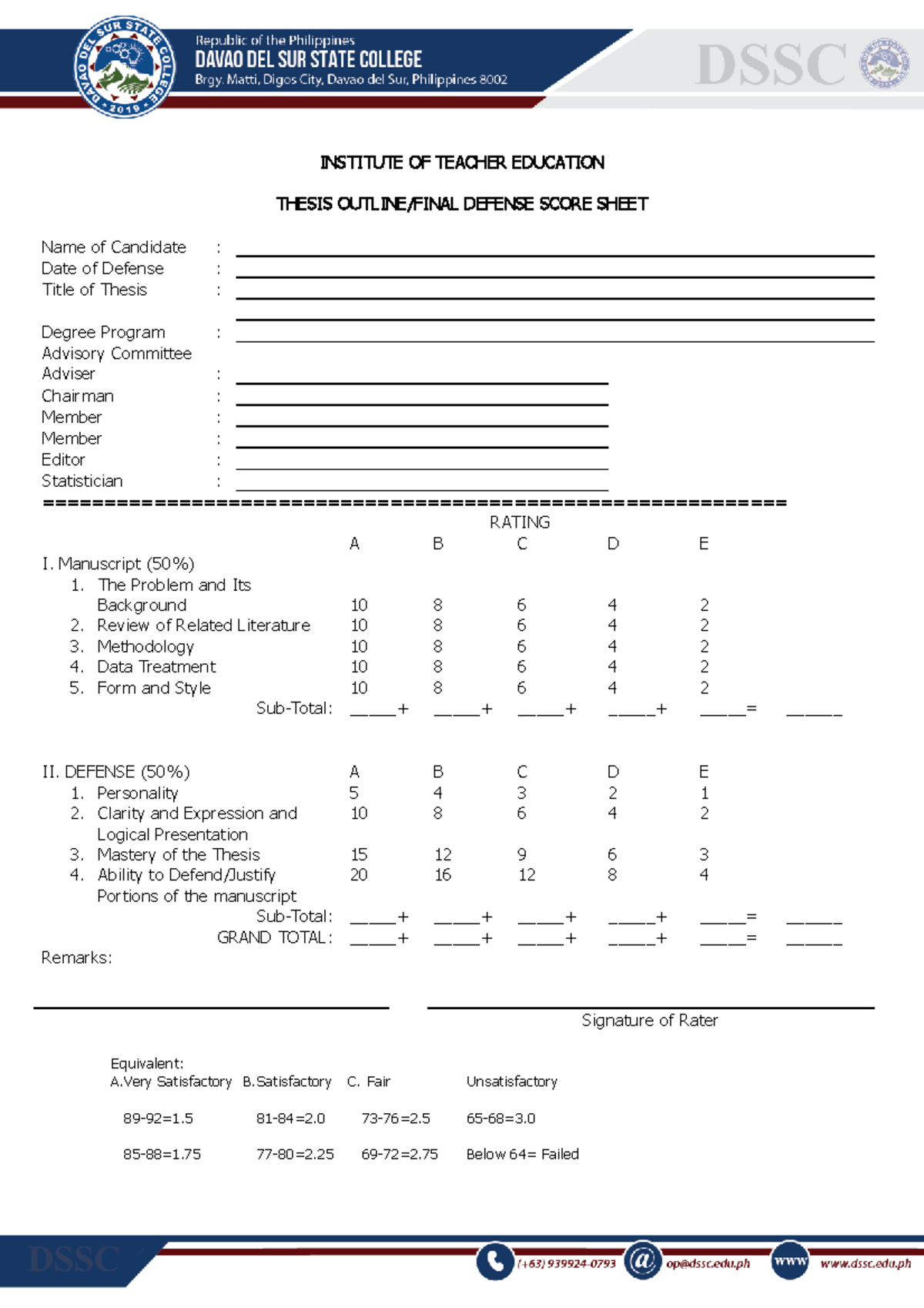 Score Sheet 1 For Research INSTITUTE OF TEACHER EDUCATION THESIS