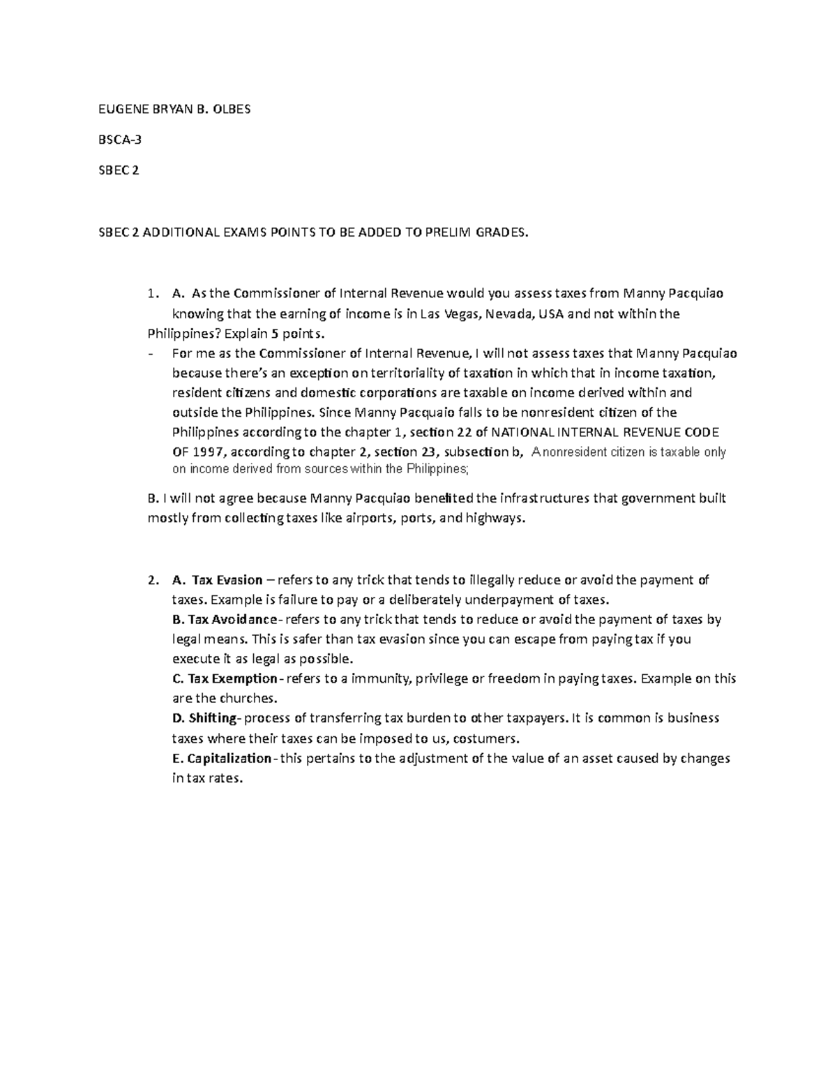 Sbec 2 prelim - Assignment for taxation - EUGENE BRYAN B. OLBES BSCA ...