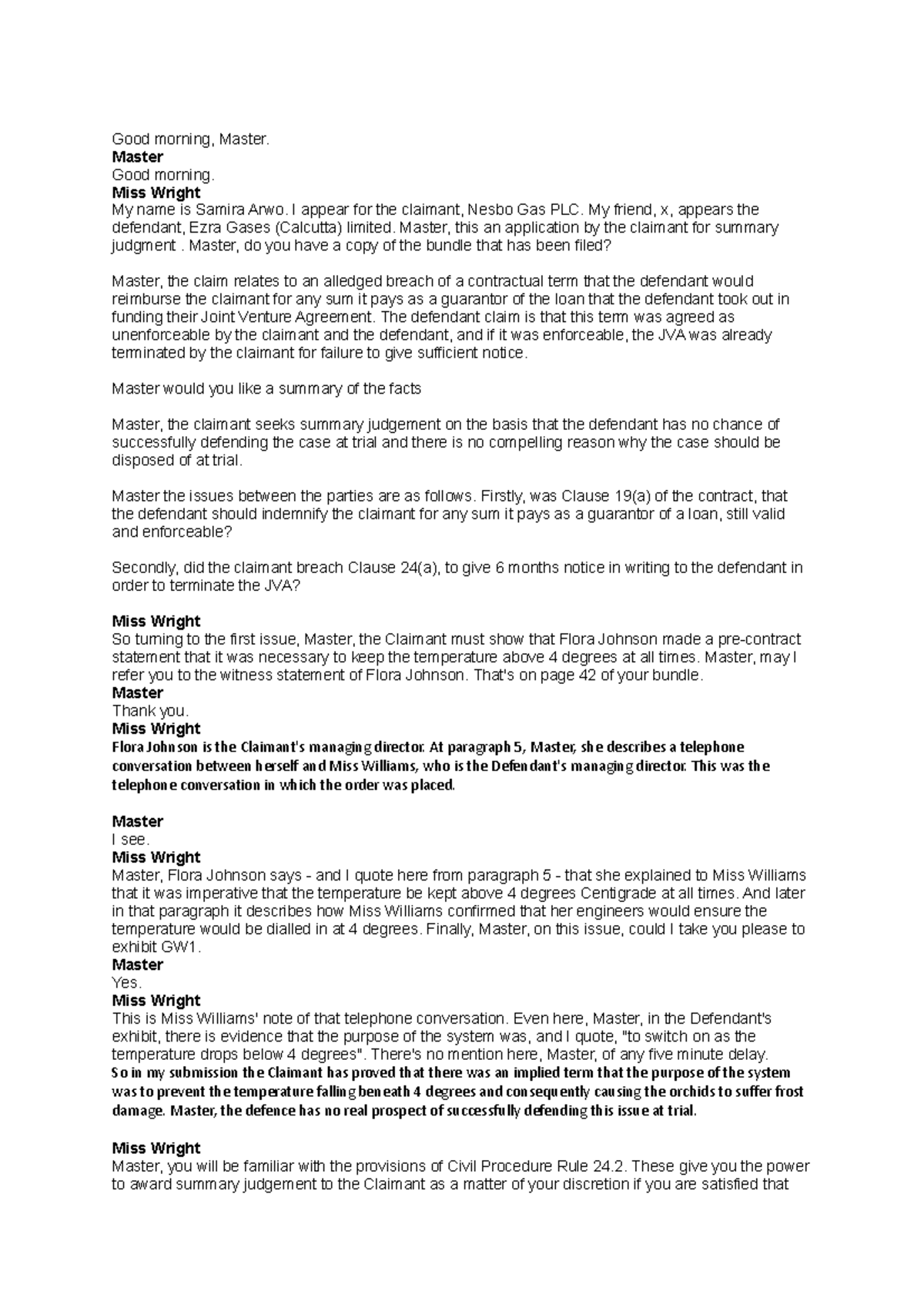 Advocacy - Notes - Good morning, Master. Master Good morning. Miss ...