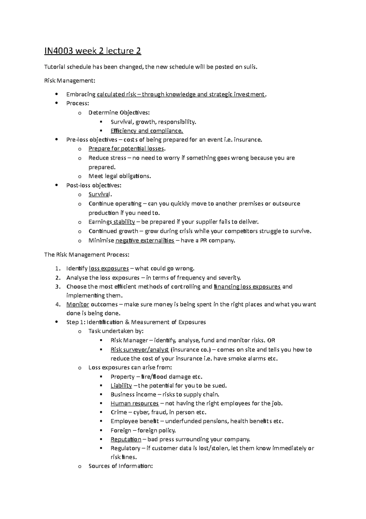 IN4003 week 1 lecture 2 - Summary Principles of Risk Management ...