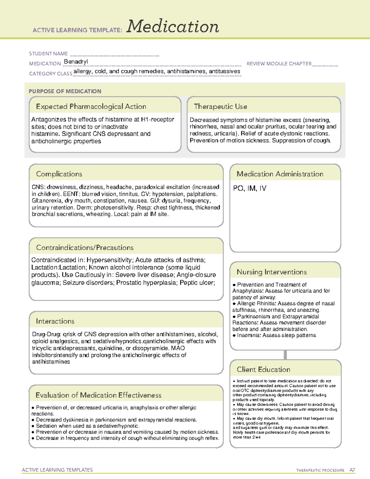 Benadryl - Med - ACTIVE LEARNING TEMPLATES THERAPEUTIC PROCEDURE A ...