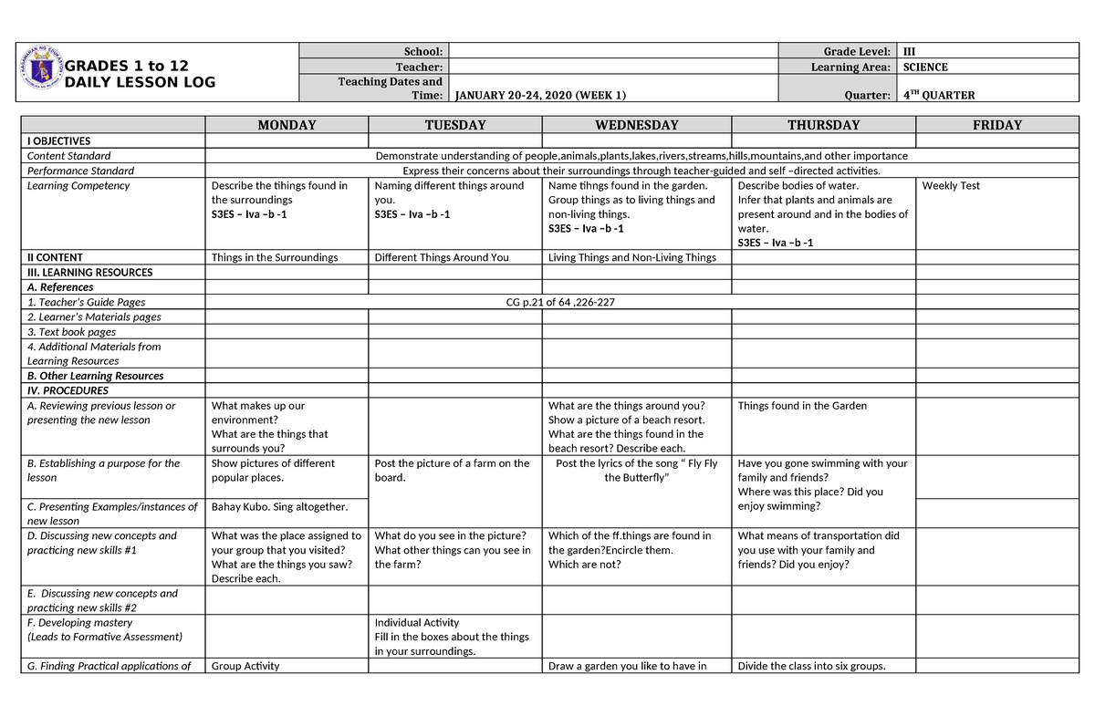 DLL Science 3 Q4 W1 - GRADES 1 to 12 DAILY LESSON LOG School: Grade ...