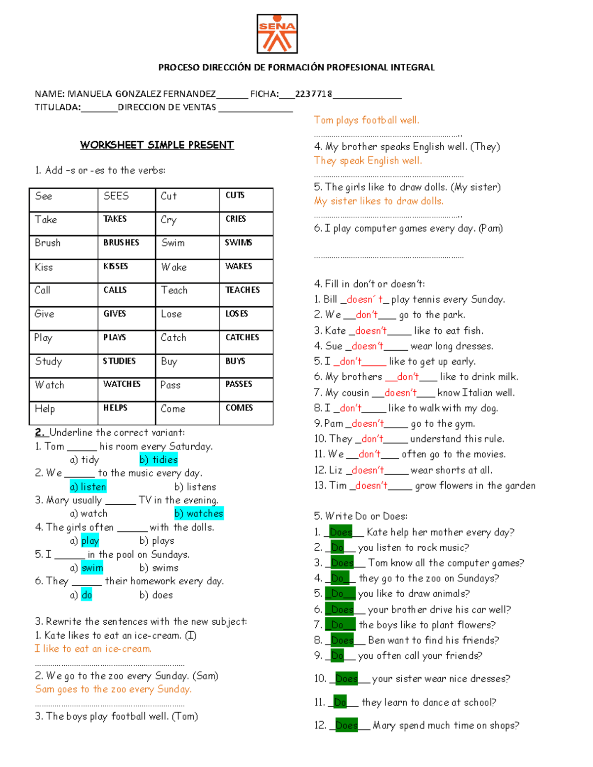 Worksheet Simple Present inglesss - PROCESO DIRECCIÓN DE FORMACIÓN ...