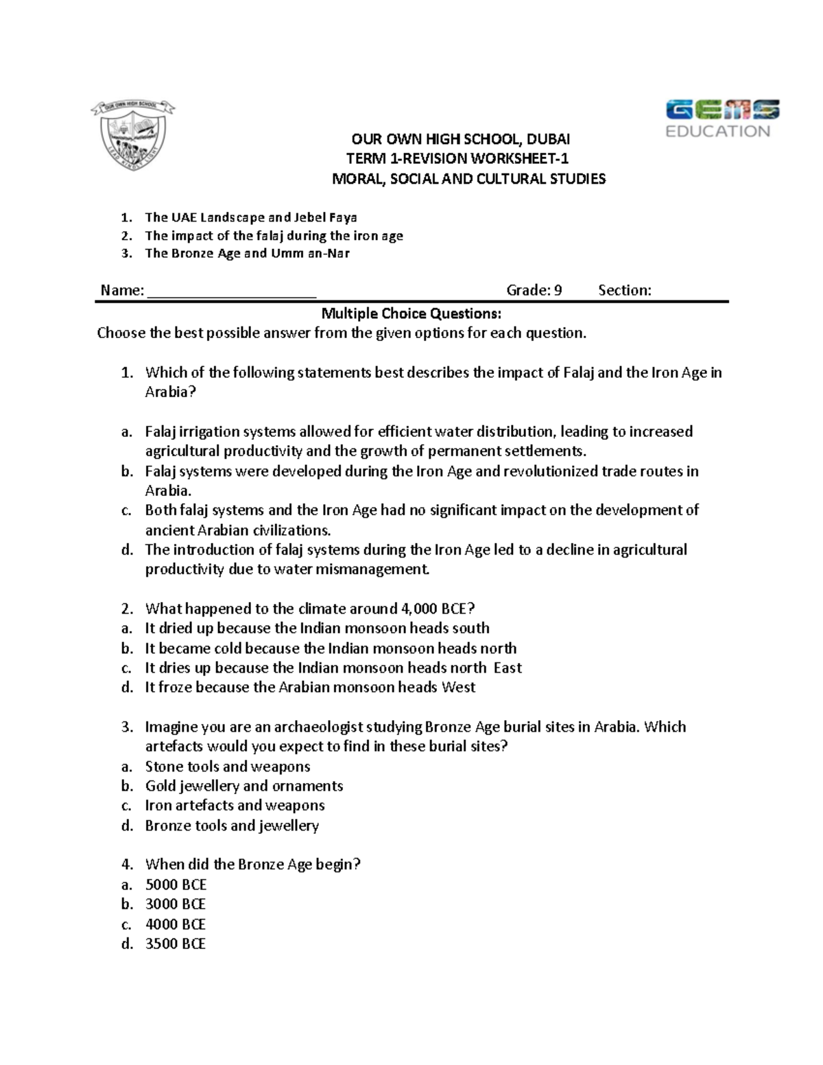 MSCS Revision Worksheet 1-Term 1 exam 2023 - OUR OWN HIGH SCHOOL, DUBAI ...