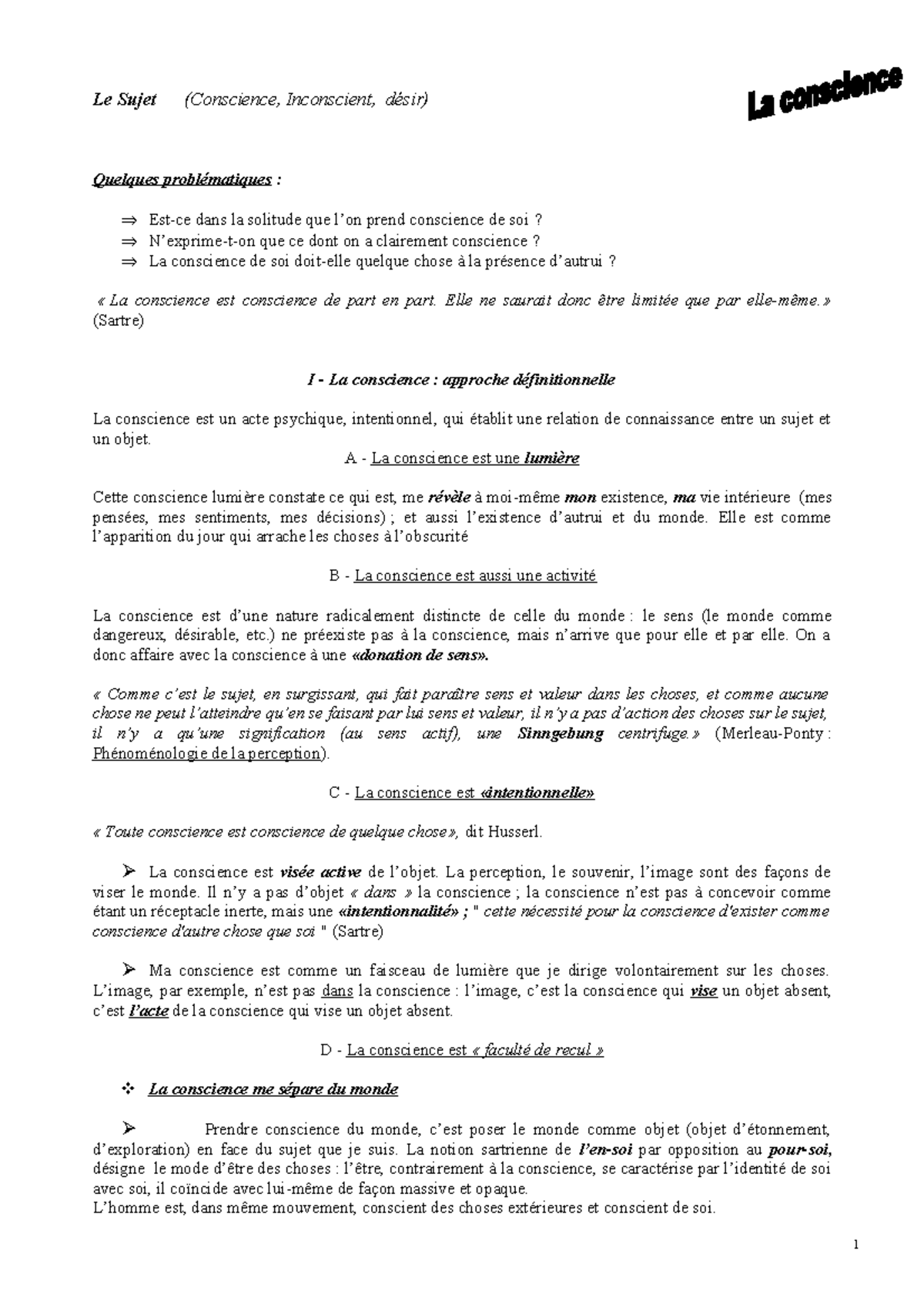 Sujet Corrigé Sur La Conscience Et L inconscient Pdf La-conscience-diisert - Le Sujet (Conscience, Inconscient, désir) Quelques  problématiques : ⇒ Est-ce - Studocu