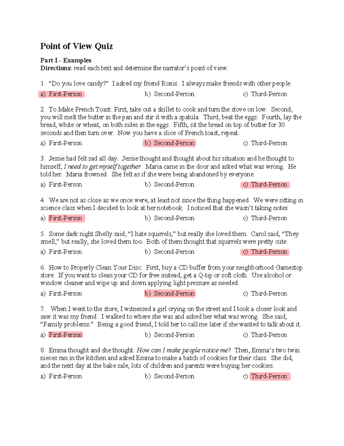 Point of view quiz gg Point of View Quiz Part I Examples