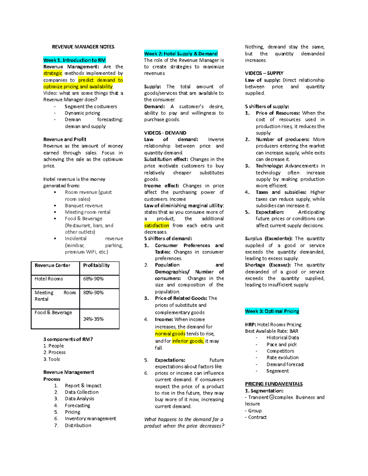 Revenue Manager Notes - REVENUE MANAGER NOTES Week 1. Introduction to ...