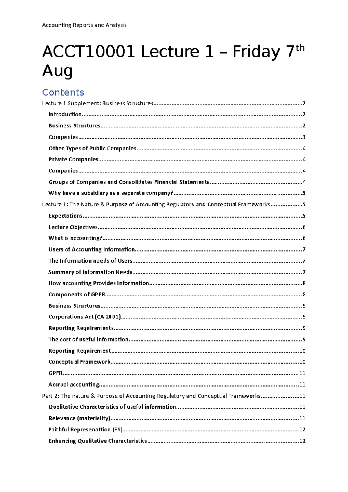 ARA lecture 1 notes[ 6108] - th Aug ACCT10001 Lecture 1 – Friday ...