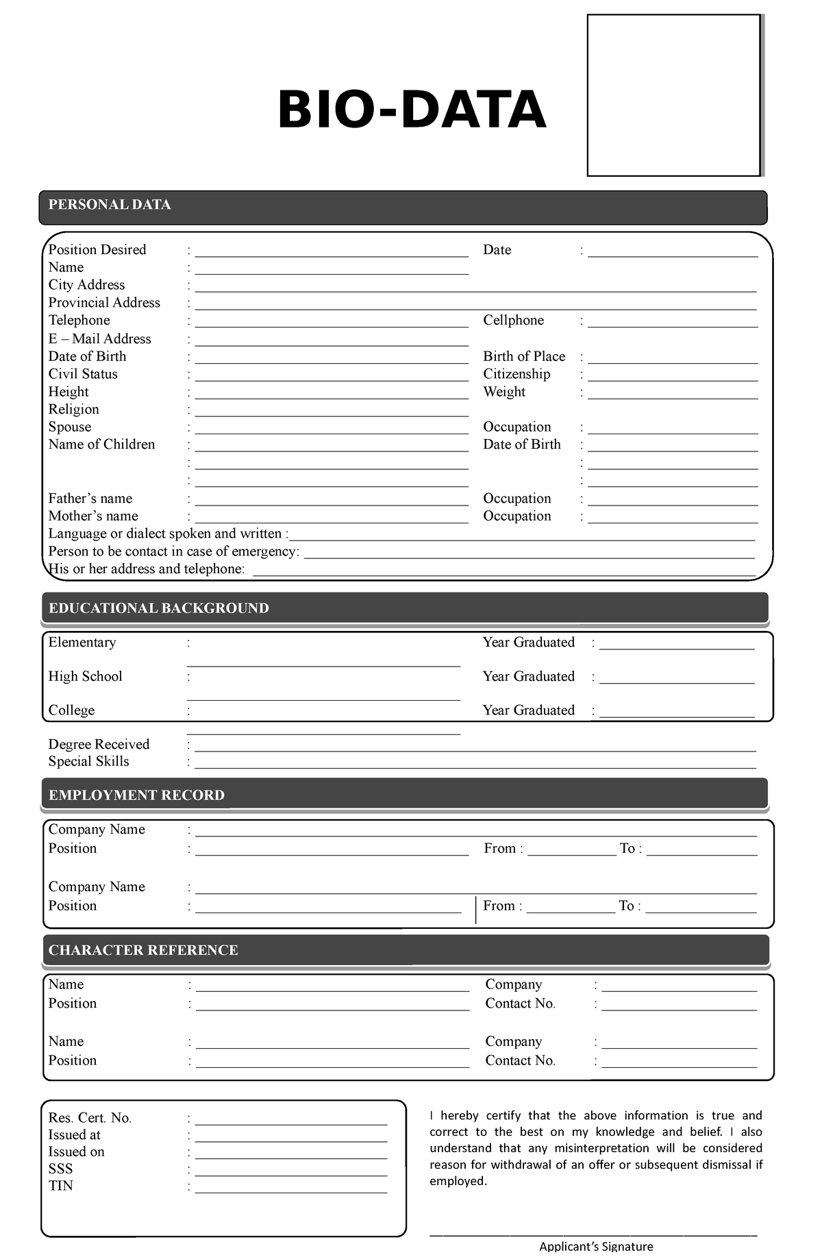 Bio Data New 2018 - BIO-DATA PERSONAL DATA Position Desired