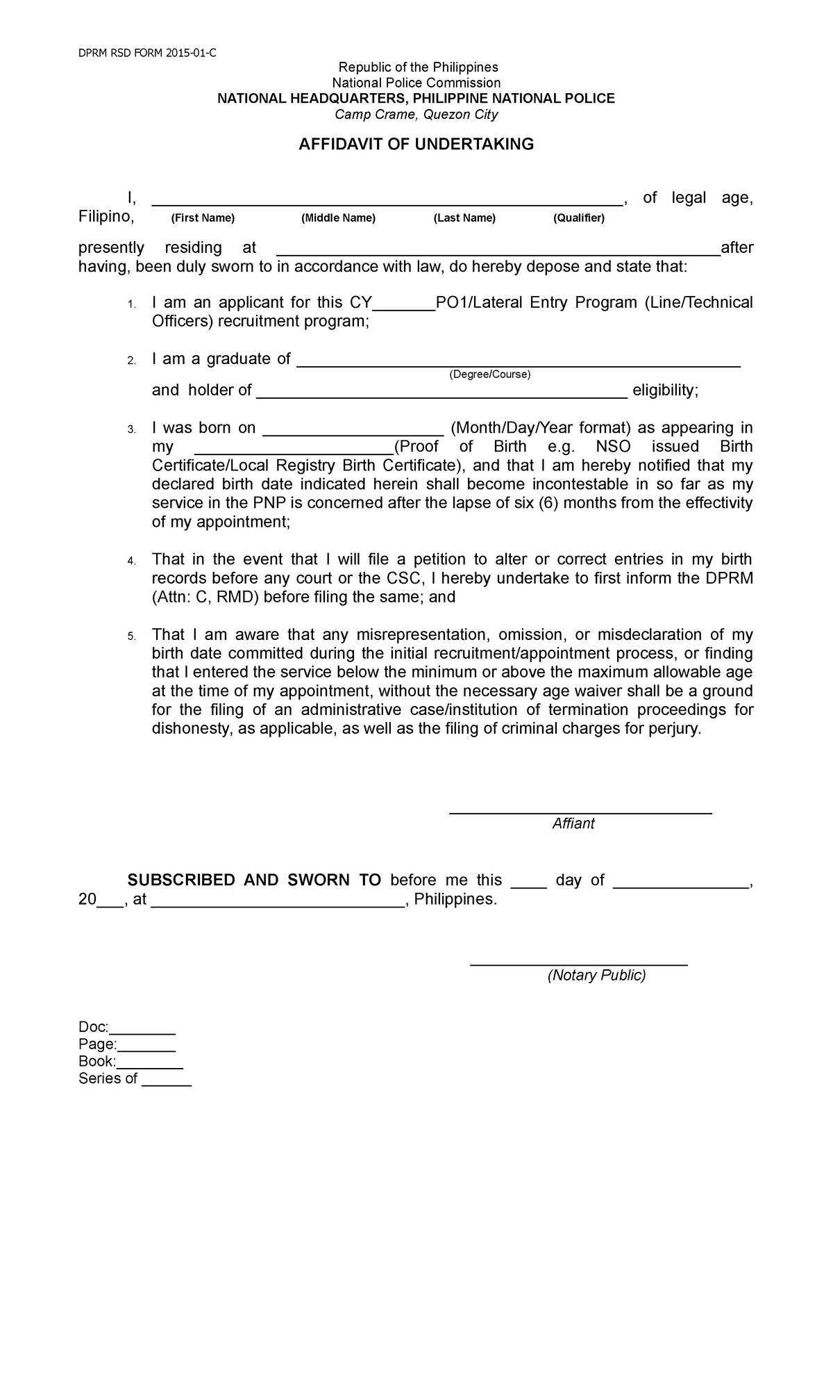 Affidavit PSF - DPRM RSD FORM 2015-01-C Republic of the Philippines ...