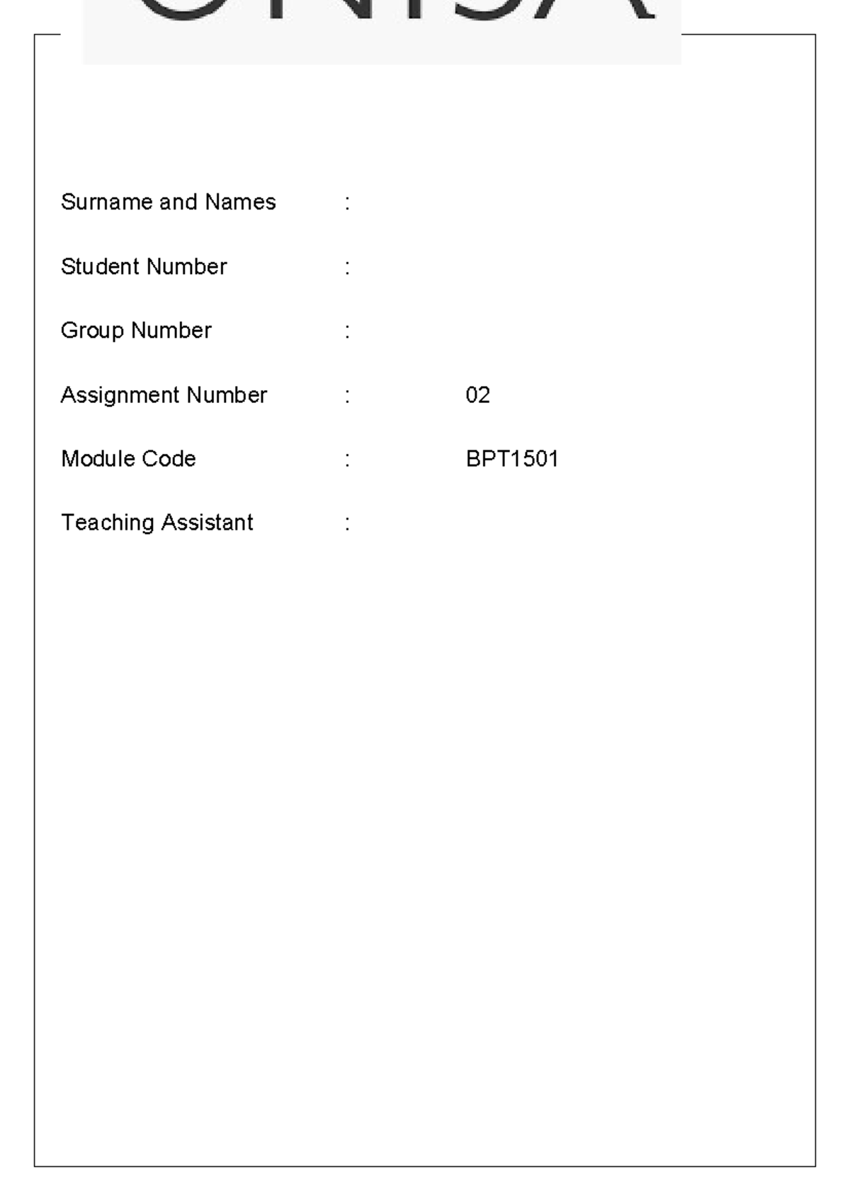 BPT1501 S1-23 Assignment 3 - Surname and Names : Student Number : Group ...