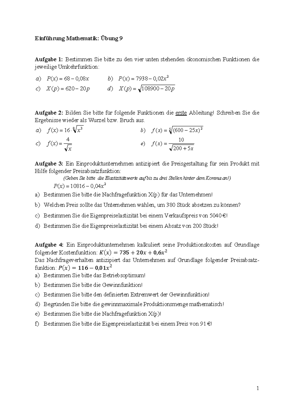 Mathe Übungen Umkehrfunktion/Absatzfunktion - 1 Einführung Mathematik