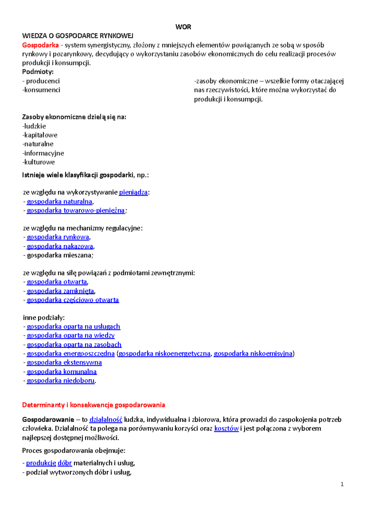 WOGRnotatki - Notatki z wykładu wszystkie - WOR WIEDZA O GOSPODARCE